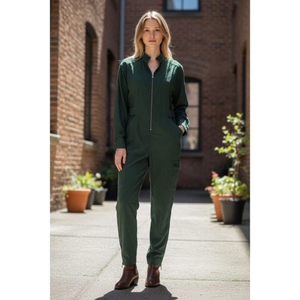 Athleta Lenox Jumpsuit Olive Green Utility Flight Suit‎ Long Sleeve Size 4